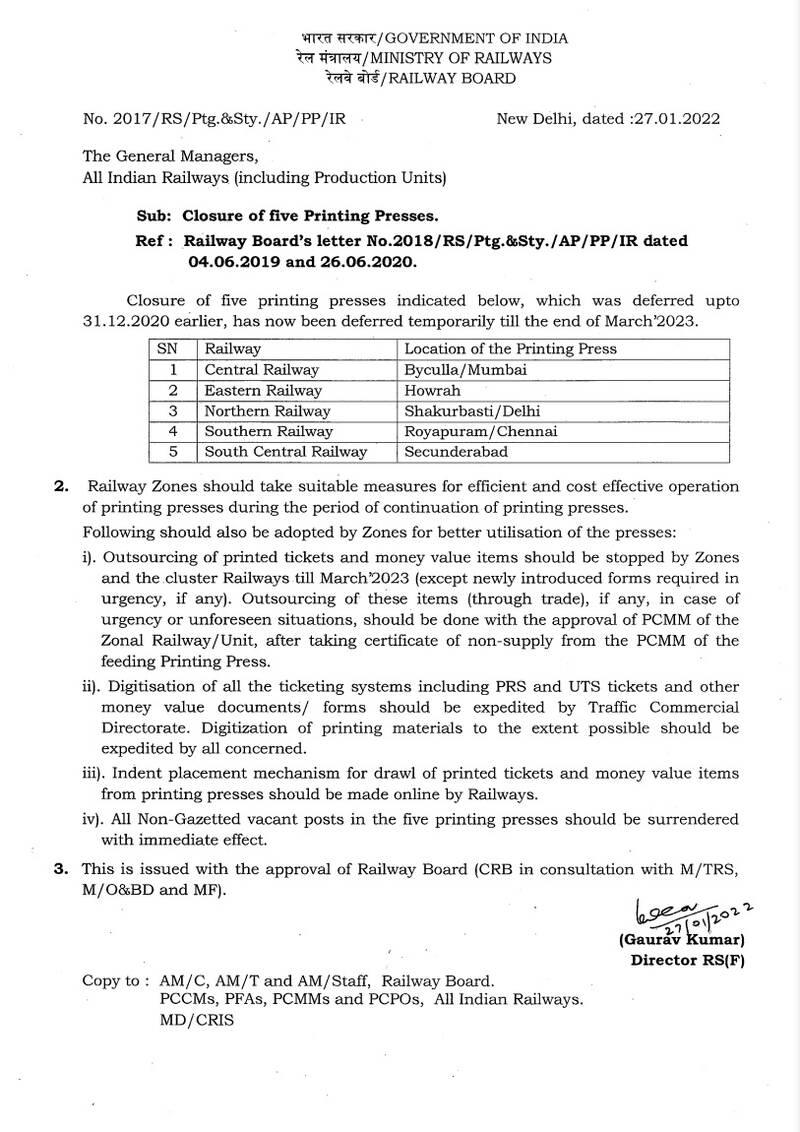 Closure of five Printing Presses deferred till the end of March, 2023: Railway Board Order
