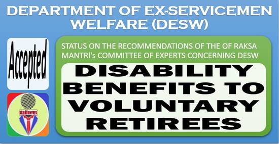 Disability Benefits to Voluntary Retirees: Status on the recommendations of the Raksha Mantri Committee