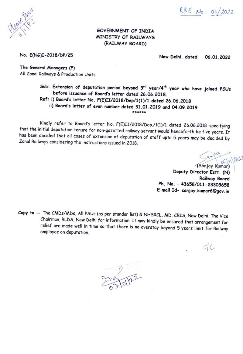 Extension of deputation period beyond 3rd year/4th year who have joined PSUs: RBE No. 01/2022