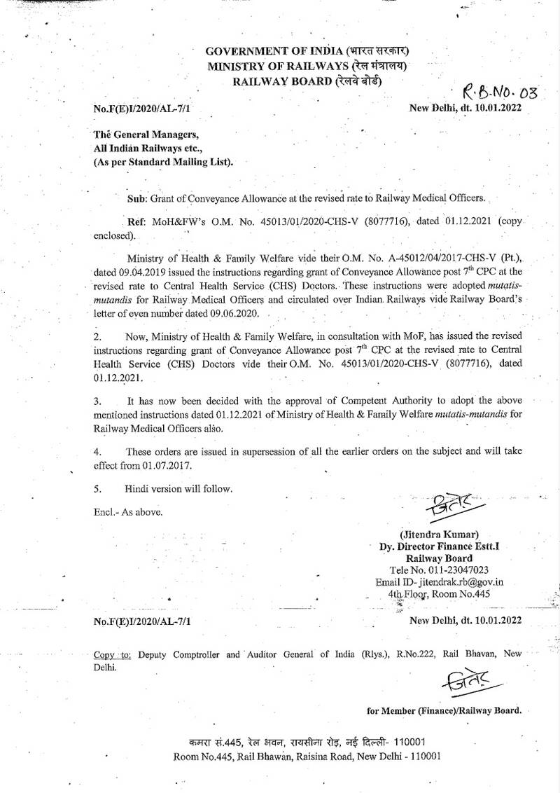 Grant of Conveyance Allowance at the revised rate to Railway Medical Officers: RBE No. 03/2022