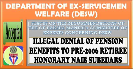 Illegal denial of pension benefits to Pre-2006 Retiree Honorary Naib Subedars: Status on the recommendations of the Raksha Mantri Committee