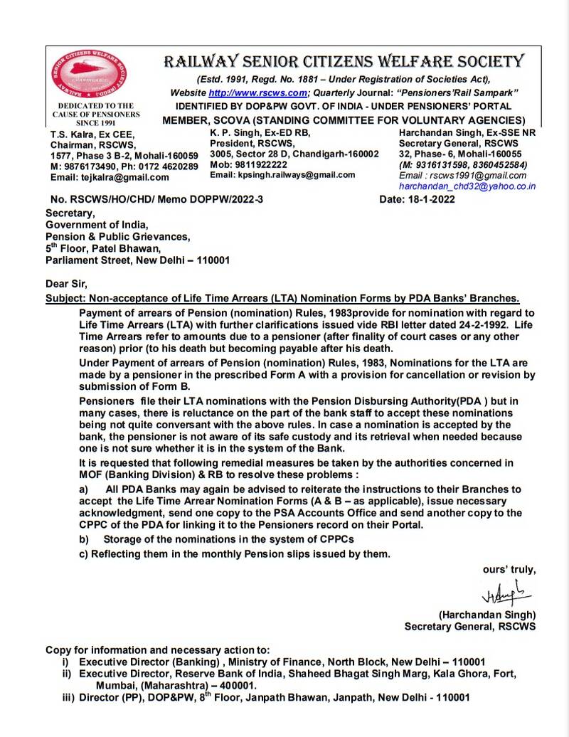 Non-acceptance of Life Time Arrears (LTA) Nomination Forms by PDA Banks’ Branches: RSCWS writes to DoP&PW