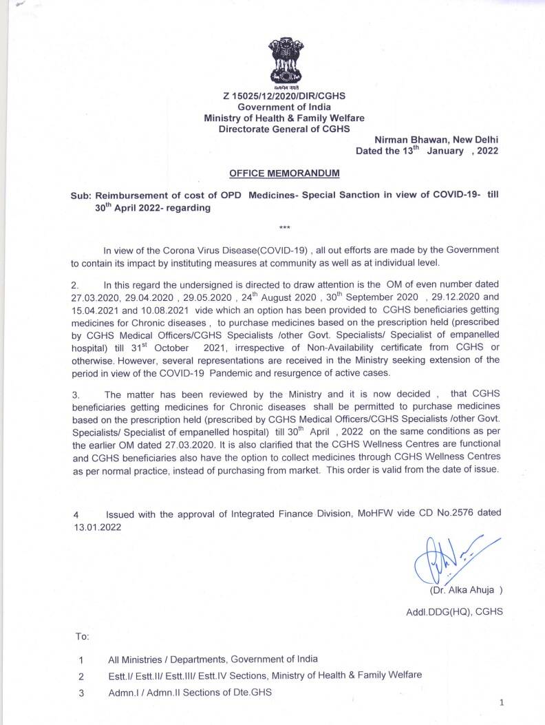 Reimbursement of cost of OPD Medicines- Special Sanction in view of COVID-19- till 30th April 2022: CGHS