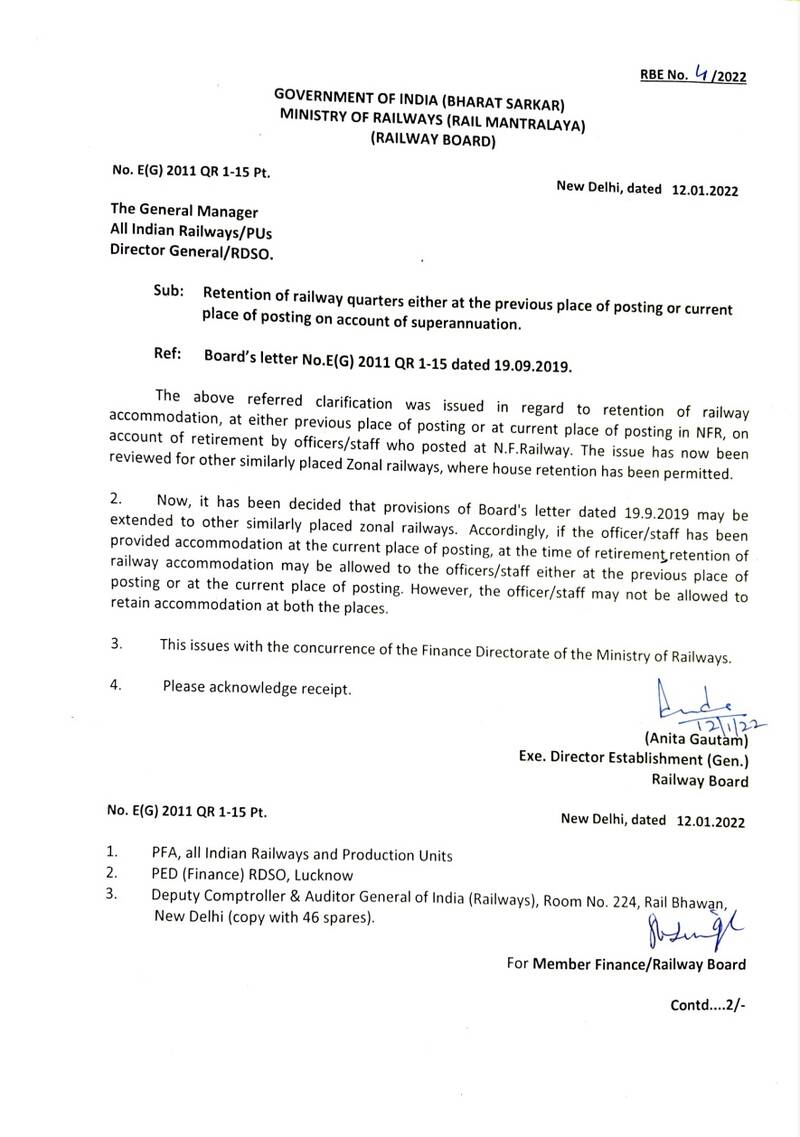 Retention of railway quarters on account of superannuation: Railway Board Order RBE No. 4 /2022