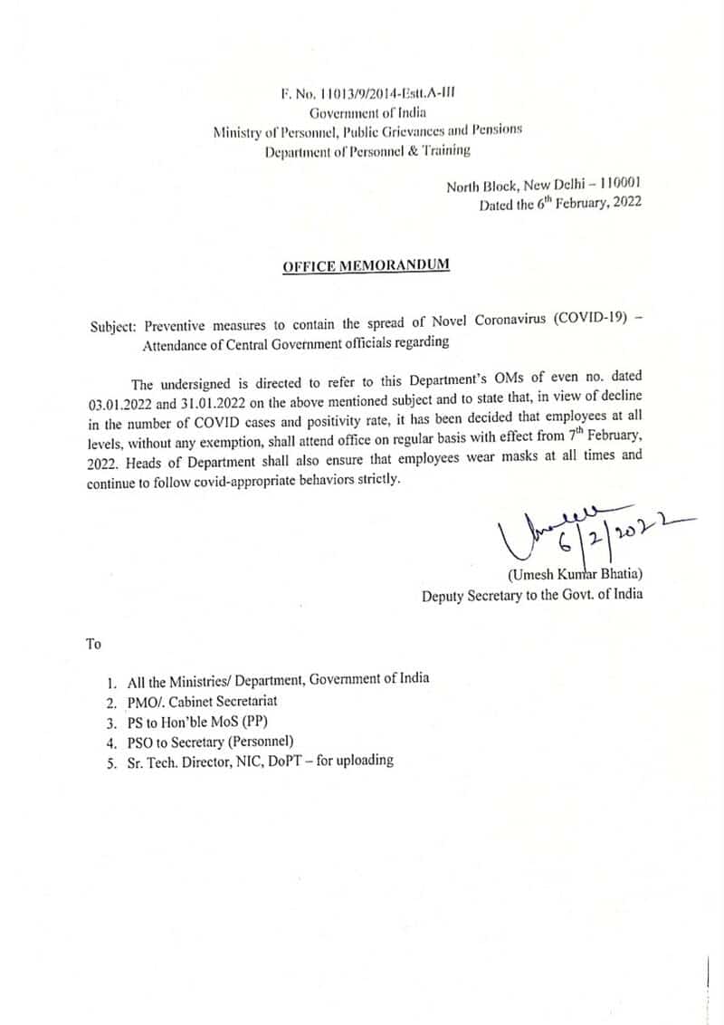Attendance of Central Government officials – 100% w.e.f. 07.02.2022: DoPT OM dated 06.02.2022