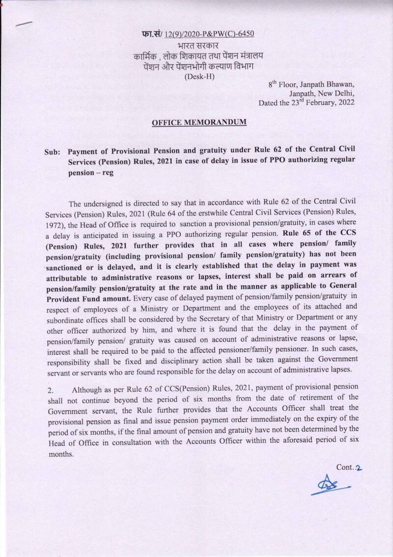 Payment of Provisional Pension and gratuity under Rule 62 of CCS Pension Rules, 2021, in case of delay in issue of PPO authorizing regular pension