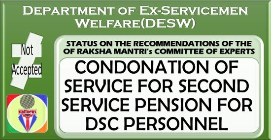 Condonation of Service for Second Service pension for DSC Personnel: Status on the recommendations of the Raksha Mantri Committee