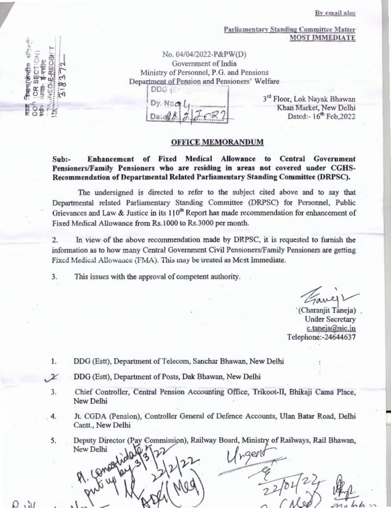 Enhancement of Fixed Medical Allowance from Rs.1000 to Rs.3000 per month as per recommendation made by DRPSC: DoP&PW seeking information  