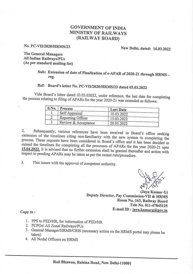 Extension of date of Finalization of e-APAR of 2020-21 through HRMS: Railway Board Order dtd 16.03.2022