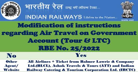Modification of instructions regarding Air Travel on Government Account: Railway Board Order RBE No. 25/2022