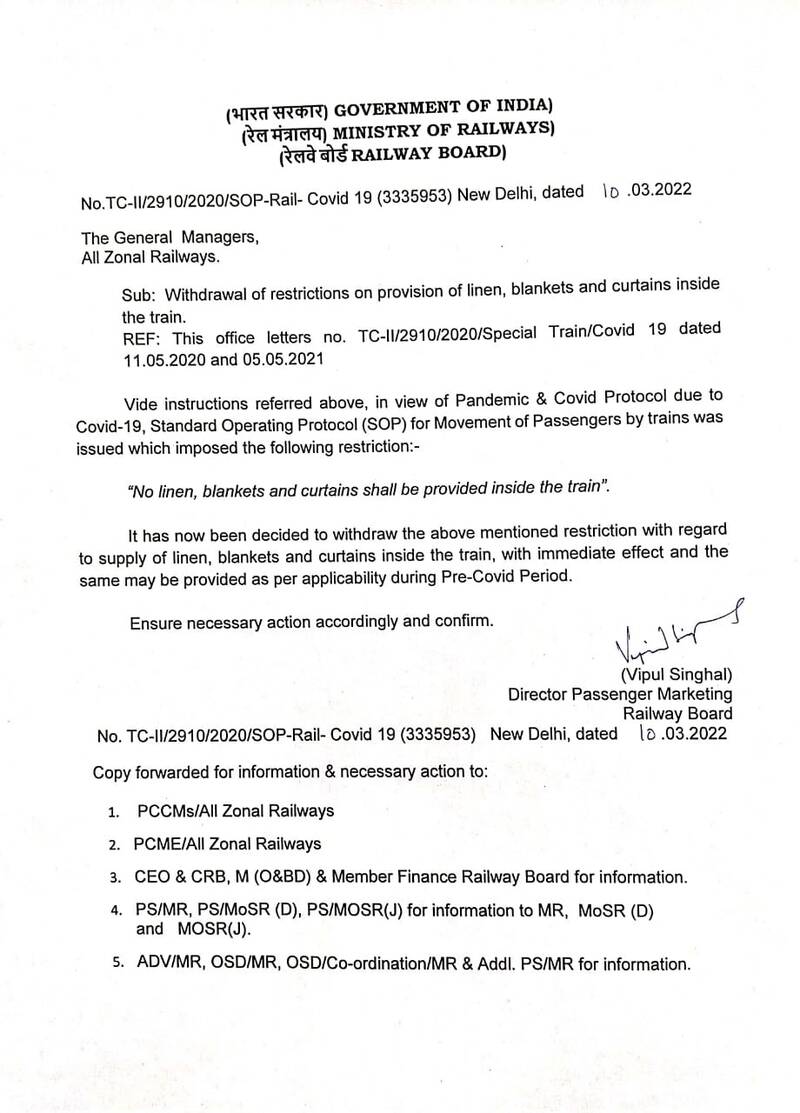 Railways withdraws restriction on provision of linen, blankets and curtains inside trains with immediate effect