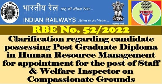 Appointment for the post of Staff & Welfare Inspector on Compassionate Grounds – Clarification by Railway Board RBE No. 52/2022
