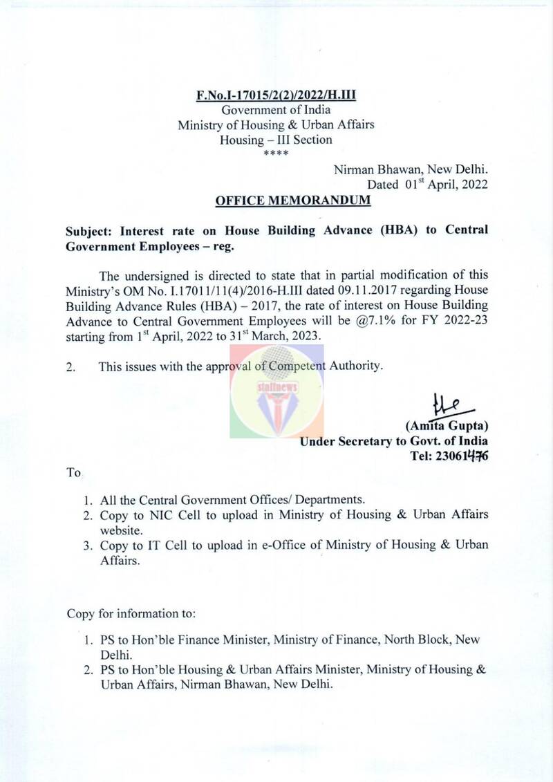 Interest Rate on House Building Advance (HBA) for Railway employees starting from 1st April, 2022: RBE No. 46/2022