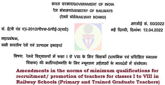 Minimum qualifications for recruitment/promotion of teachers for classes I to VIII in Railway Schools (Primary and Trained Graduate Teachers) – Amendment in the norms: RBE No. 50/2022