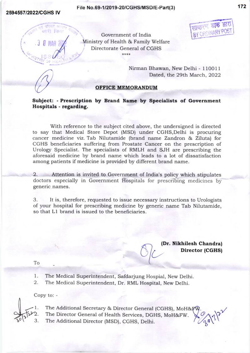 Prescription by Brand Name by Specialists of Government Hospitals: CGHS OM dated 29.03.2022