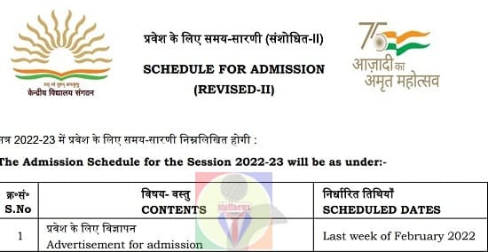 Kendriya Vidyalaya : Revised Admission Schedule for the Session 2022-23 – सत्र 2022-23 में प्रवेश के लिए संशोधित समय सारणी