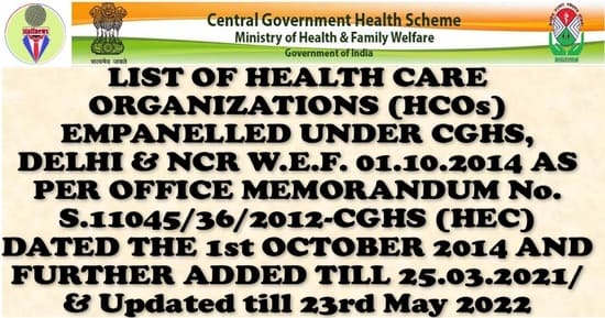 List of Health Care Organizations (HCOs) empanelled under CGHS, Delhi & NCR updated till 23rd May 2022