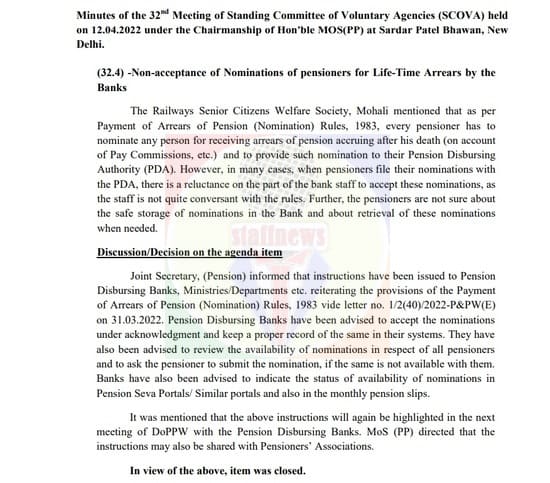 Non-acceptance of Nominations of pensioners for Life-Time Arrears by the Banks: Minutes of the 32nd Meeting of SCOVA