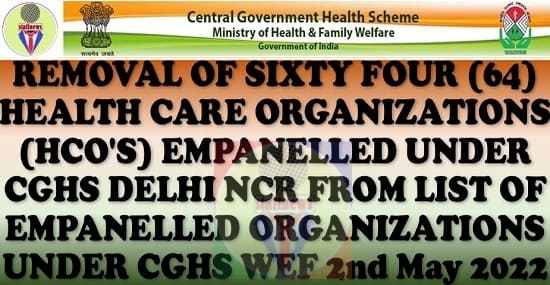 Removal of Sixty Four (64) HCOs empanelled under CGHS Delhi NCR w.e.f. 02.05.2022