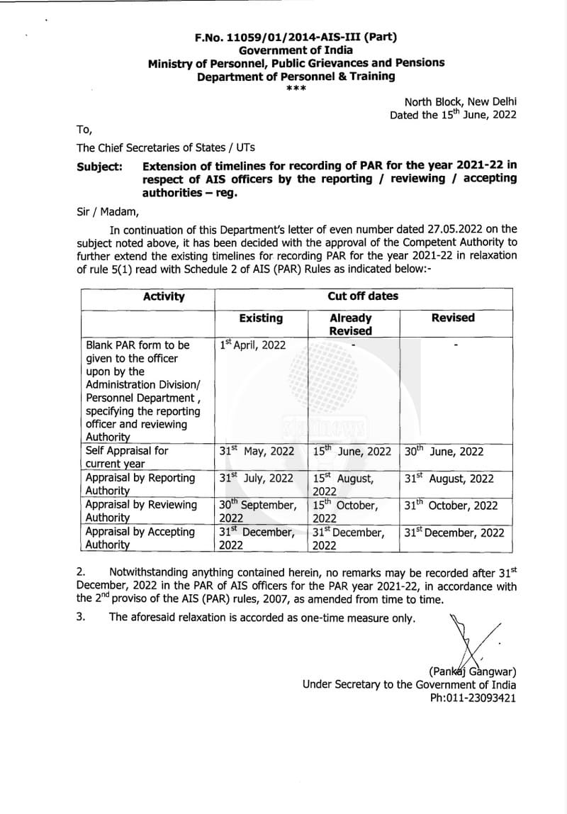 Extension of timelines for recording of PAR for the year 2021-22 in respect of AIS officers: DoP&T OM dated 15.06.20222