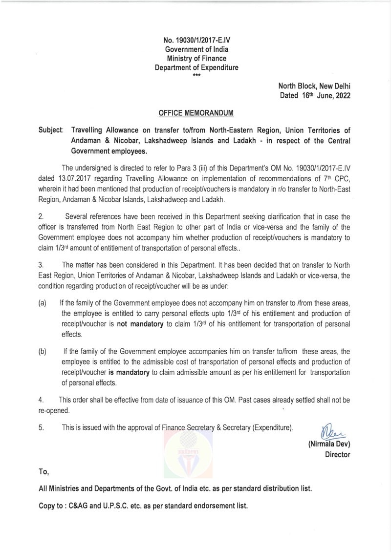 7th CPC: Travelling Allowance on transfer to/from North-Eastern Region, Union Territories of Andaman & Nicobar, Lakshadweep Islands and Ladakh: DoE OM dated 16.06.2022