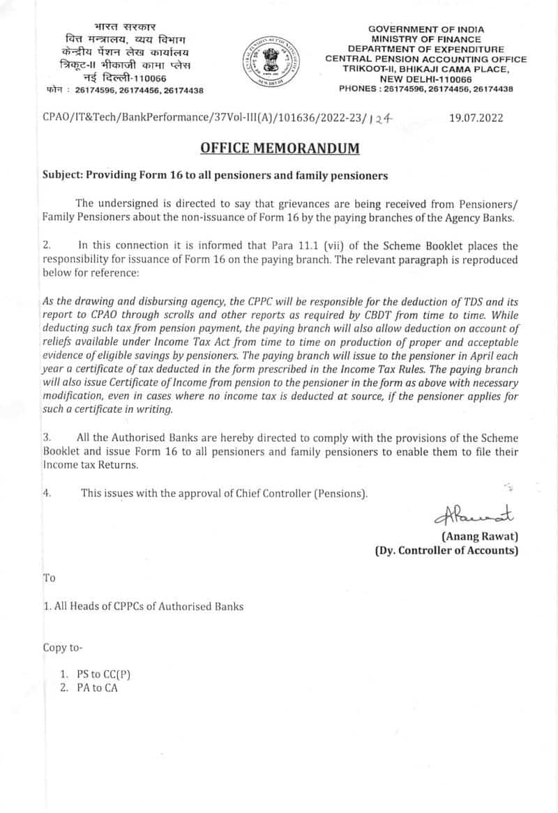 Providing Form 16 to all pensioners and family pensioners: Central Pension Accounting Office’s OM