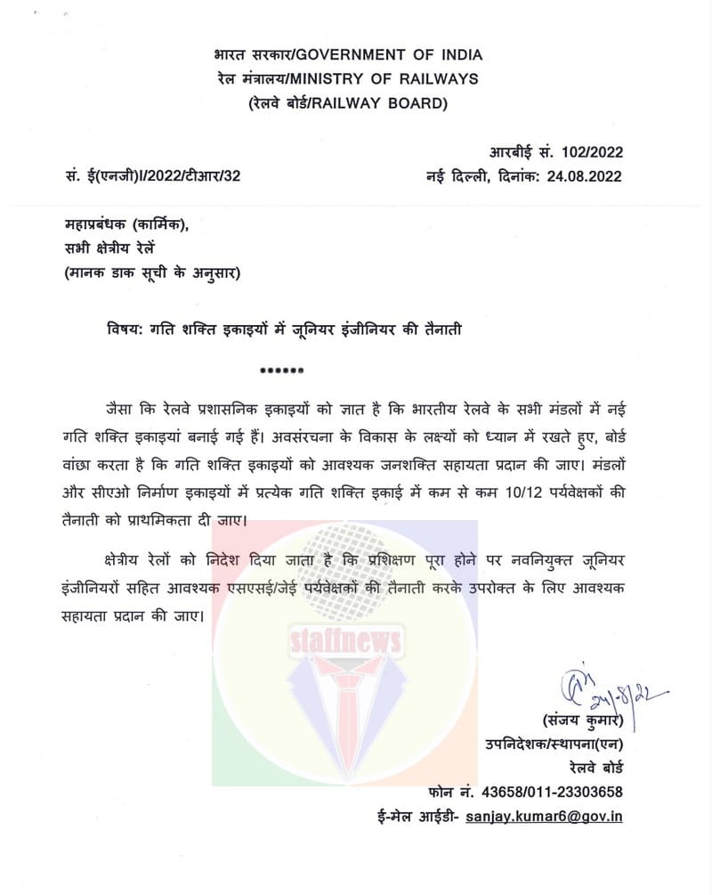 Posting of Junior Engineer in Gati Shakti Units: Railway Board Order RBE No. 102/2022