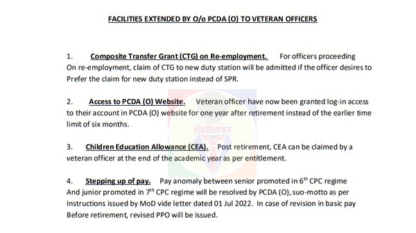 Facilities extended by O/o PCDA (O) to Veteran Officers: CTG on re-employment, Access to Website, CEA & Stepping up of pay