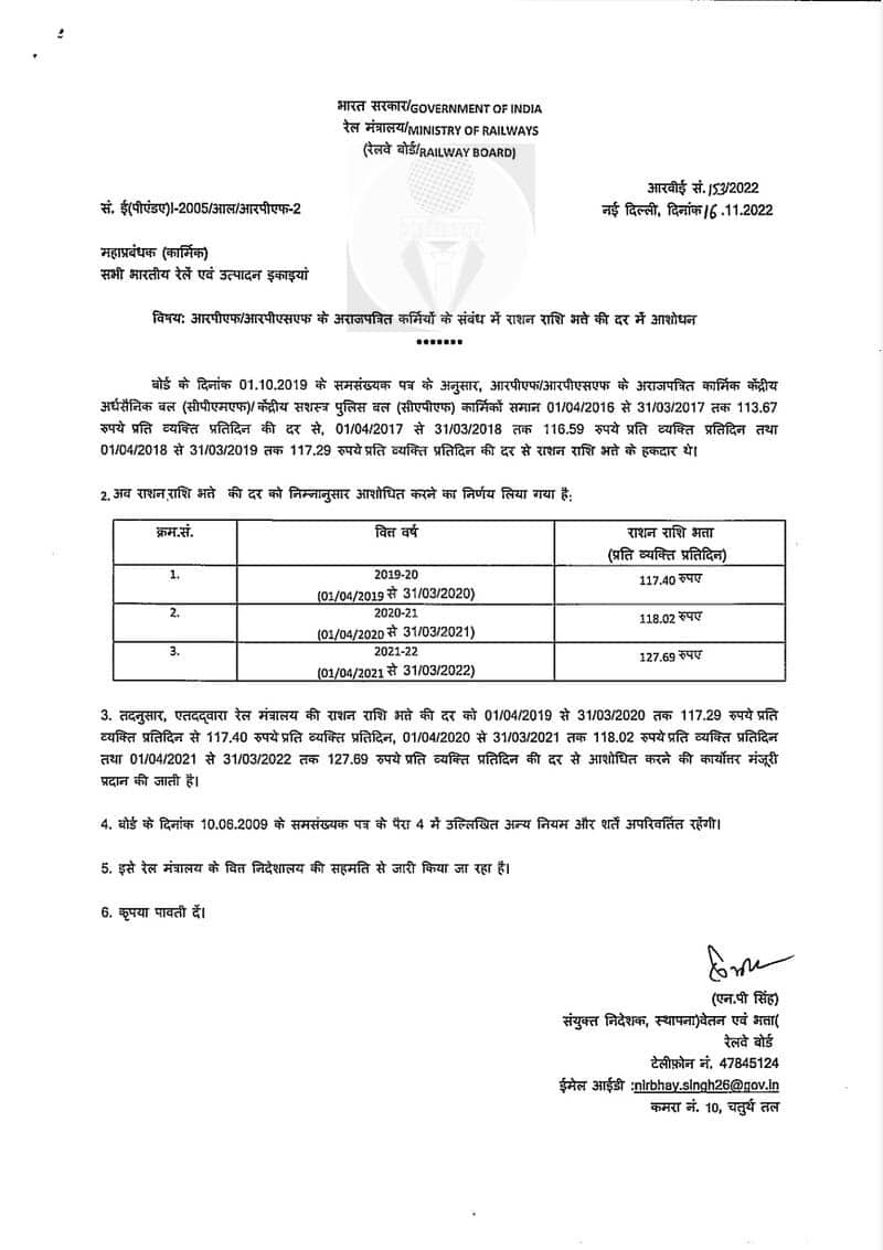 Revision in the rate of Ration Money Allowance in respect of Non-gazetted RPF/RPSF personnel: RBE No. 153/2022