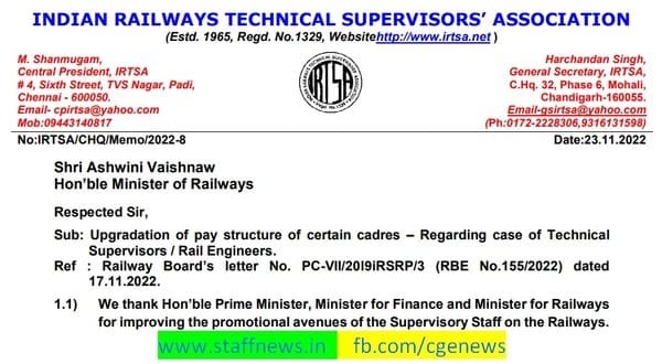 Upgradation of pay structure of certain cadres – Regarding case of Technical Supervisors / Rail Engineers: IRTSA