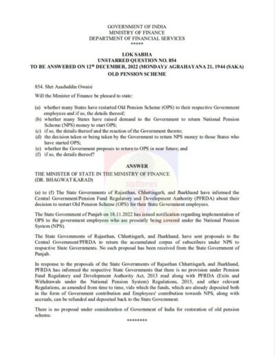 Old Pension Scheme (OPS) - Details of restoration by States and proposal under consideration by Centre 1 ops-parliament-qa-12-12-2022-english