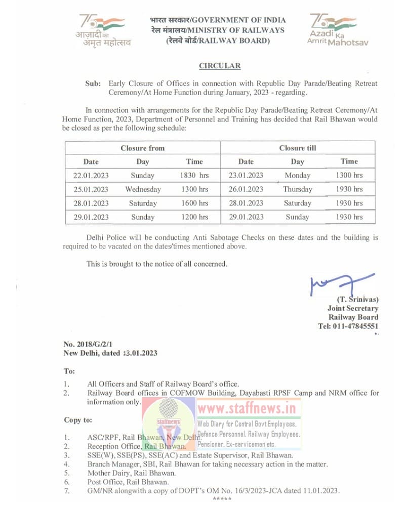Early Closure of Offices in connection with Republic Day Parade/Beating Retreat Ceremony/At Home Function during January, 2023 – Railway Board Circular