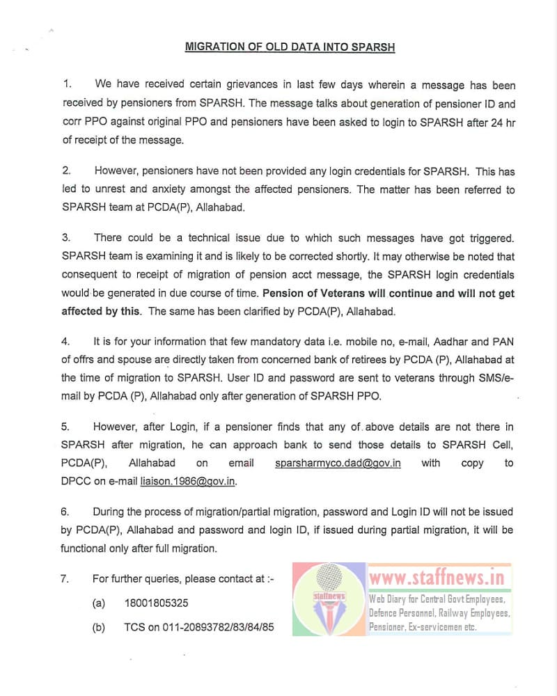 Migration of Old Data into SPARSH – Clarification by PCDA(P) regarding creation of User ID/password and difficulty in login