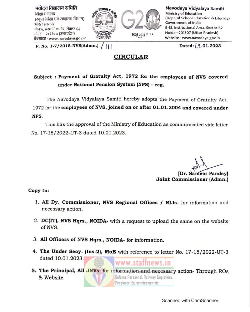 Payment of Gratuity Act, 1972 for the employees of NVS covered under National Pension System (NPS)