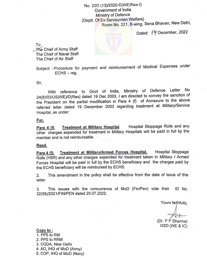 Procedure for payment and reimbursement of Medical Expenses under ECHS: MoD Order
