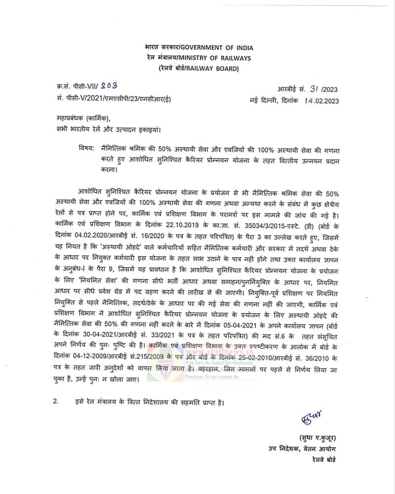Grant of MACPS by counting 50% Temporary Status of Casual Labour Service: Railway Board’s clarification vide RBE No. 31/2023