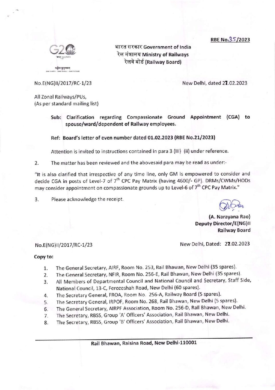 Compassionate Ground Appointment (CGA) in posts of Level-7 of 7 CPC Pay Matrix (4600/- GP): Clarification by Railway Board vide RBE No. 35/2023