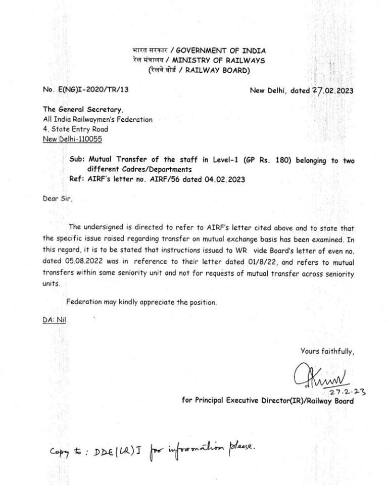 Mutual Transfer of the staff in Level1 (GP Rs. 1800) belonging to two