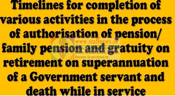 Authorisation of pension/family pension and gratuity on retirement on superannuation and death while in service: Timelines for completion of various activities