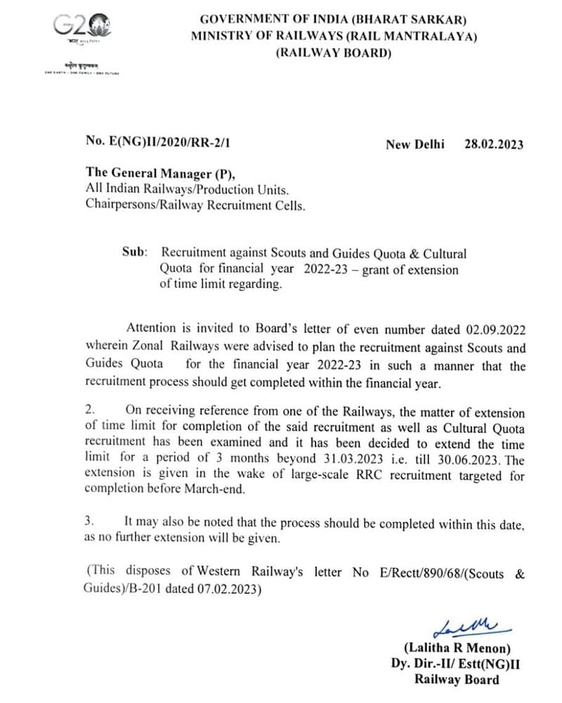 Recruitment against Scouts and Guides Quota & Cultural Quota for financial year 2022-23 — grant of extension of time limit regarding