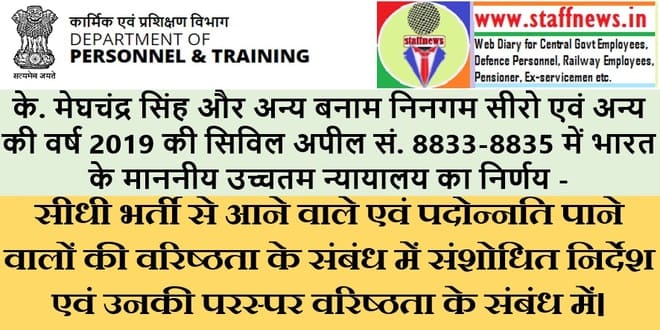 सीधी भर्ती से आने वाले एवं पदोन्नति पाने वालों की वरिष्ठता के संबंध में दिनांक 19-11-2019 से संशोधित निर्देश एवं उनकी परस्पर वरिष्ठता के संबंध में: DoP&T Order