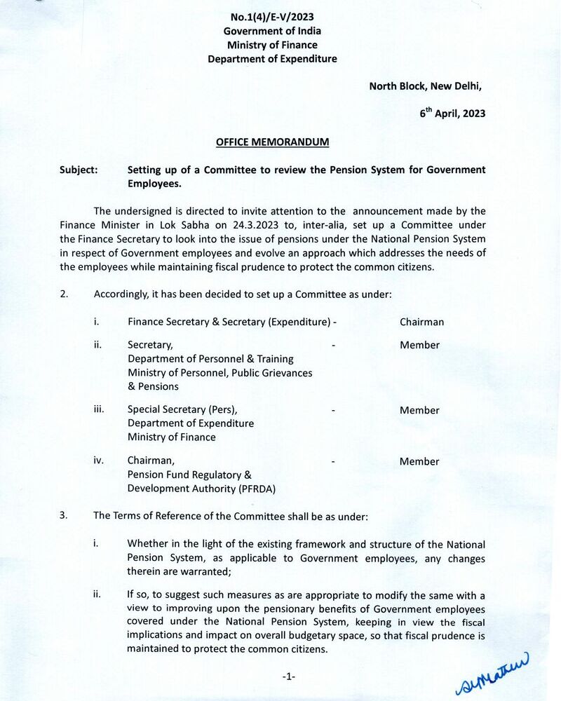 Setting up of a Committee to review the Pension System for Government Employees: DoE, Fin Min Order dated 06.04.2023