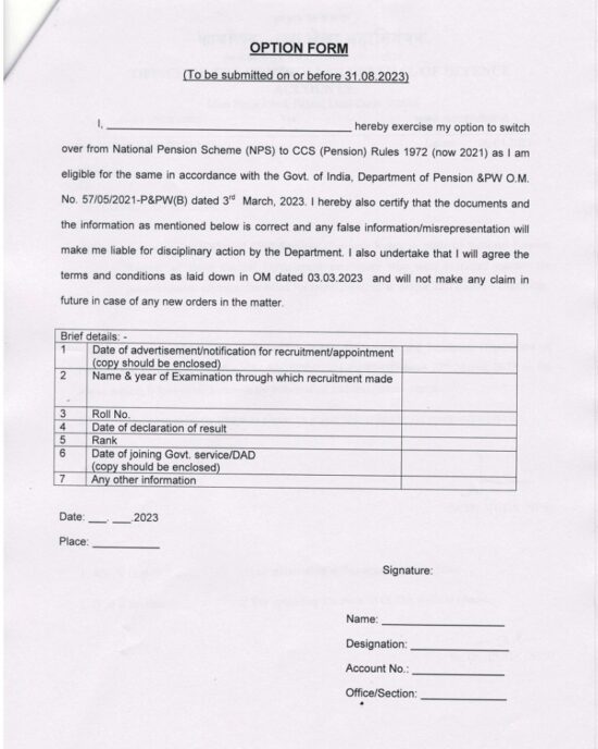NPS to OPS option Specimen Form for eligible willing