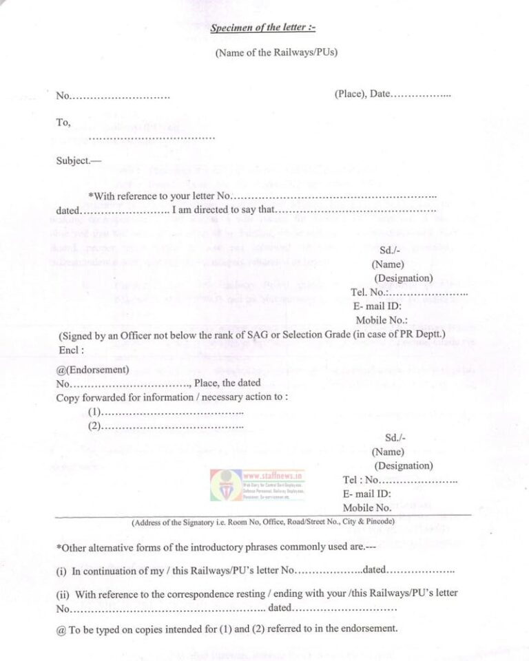 Procedure for correspondence with Railway Board Prescribed Specimen