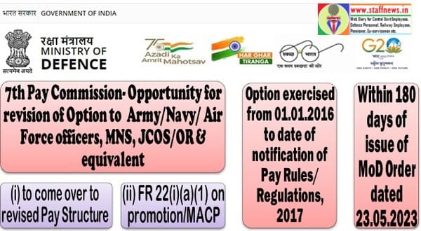 7th Pay Commission- Opportunity for revision of Option to come over to revised Pay Structure and FR 22(i)(a)(1) to  Army/Navy/ Air Force officers, MNS, JCOS/OR & equivalent under Pay Rules/Regulations, 2017: MoD Order dated 23.05.2023