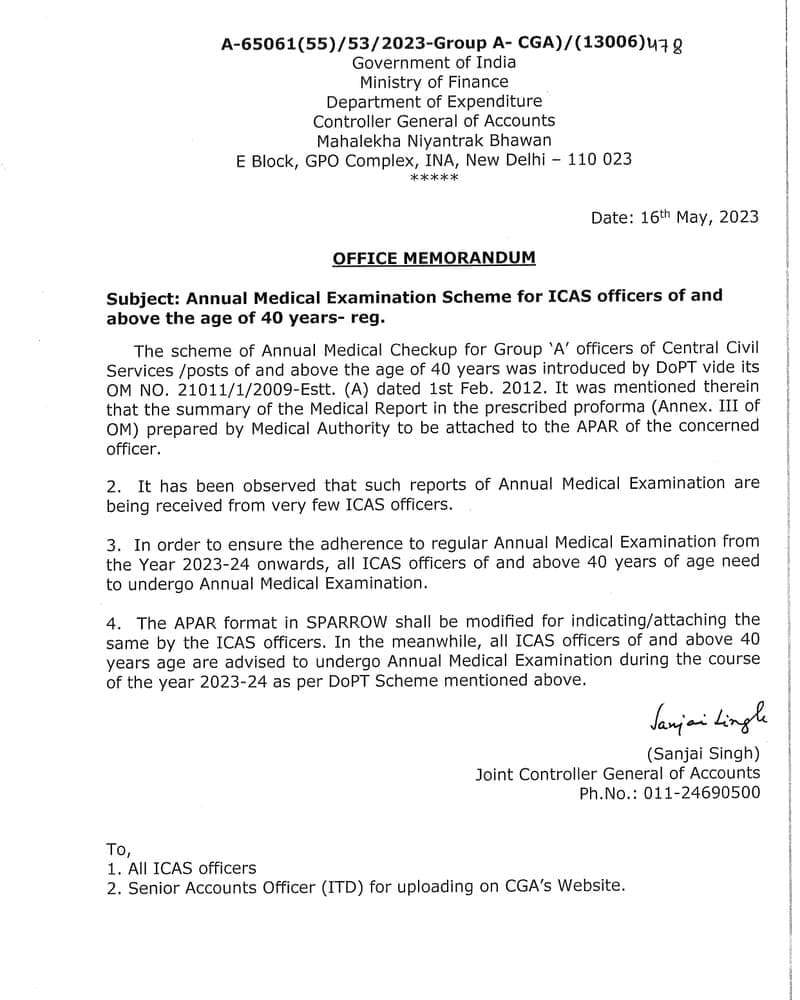 Annual Medical Examination Scheme for ICAS officers of and above the age of 40 years – CGA O.M