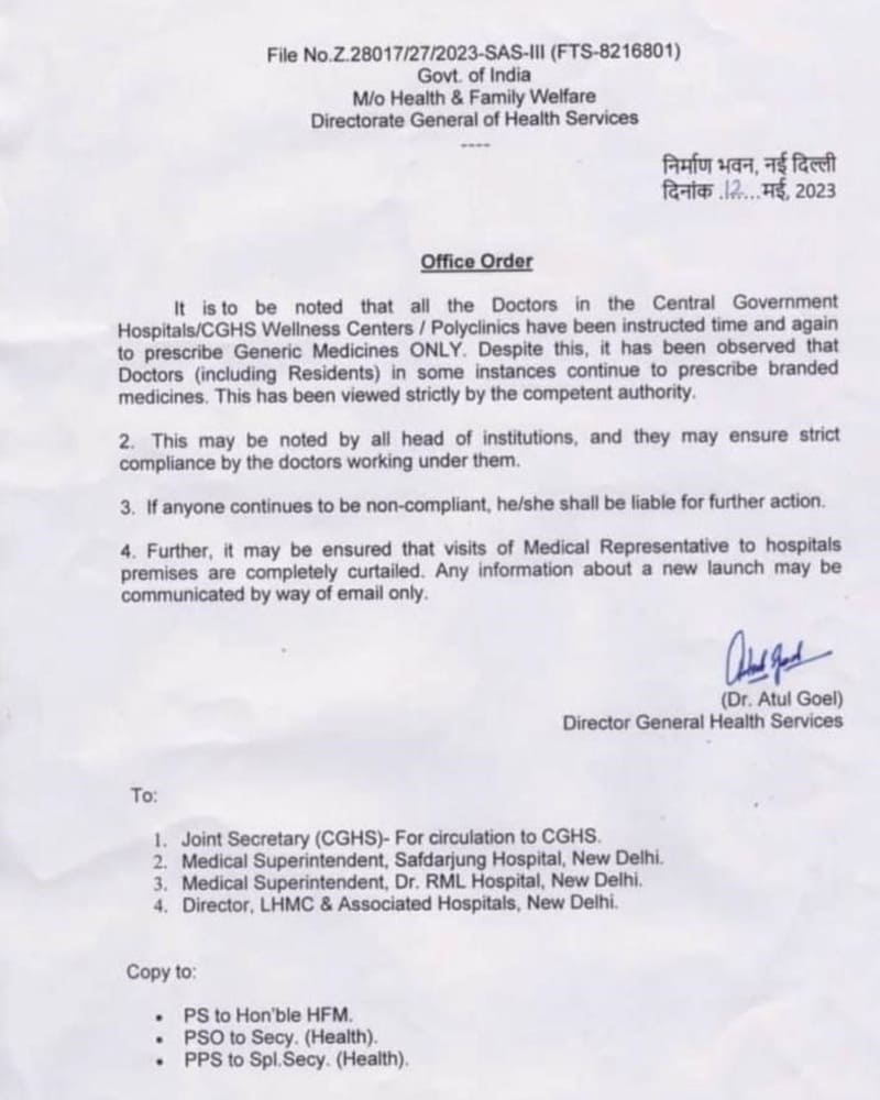 Prescribe Generic Medicines ONLY and curtail visit of Medical Representative: CGHS Office Order