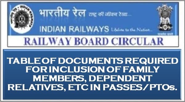 Standardization of documents required for inclusion of family members/dependent relatives, etc in Passes/PTOs: Railway Board Order
