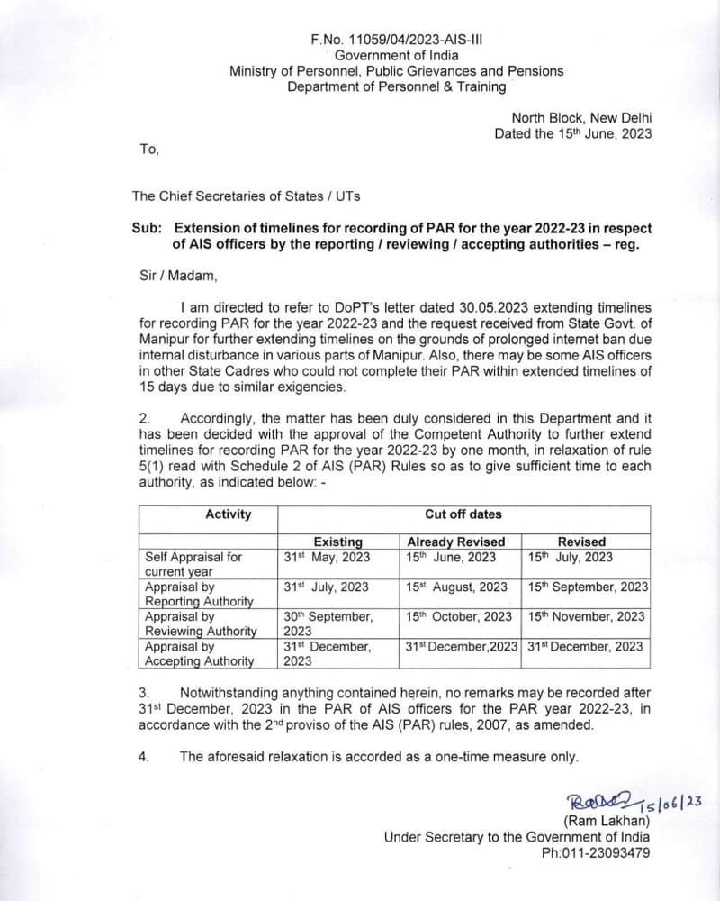 Extension of timelines for recording of PAR for the year 2022-23 in respect of AIS officers: DoP&T Order dated 15.06.2023