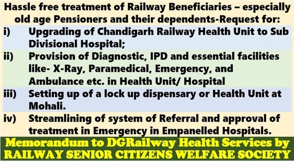 Hassle free treatment of Railway Beneficiaries – especially old age Pensioners and their dependents-Request to DG (Railway Health Services)